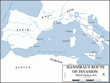 Hannibal's route during his Italian Campaign. Thanks to wikipedia.