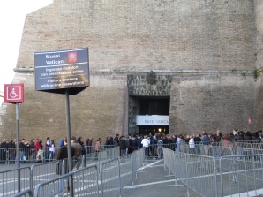 Here is the entrance to the Vatican Museums. The line on the right of the entrance, is for on line reservations and would file through the barricades seen here. The line to purchase your ticket at the counter is on the left.